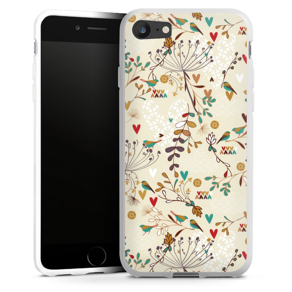 iPhone SE (2020) Handy Silikon Hülle Case weiß Handyhülle Bird Flowers Retro Silikon Case