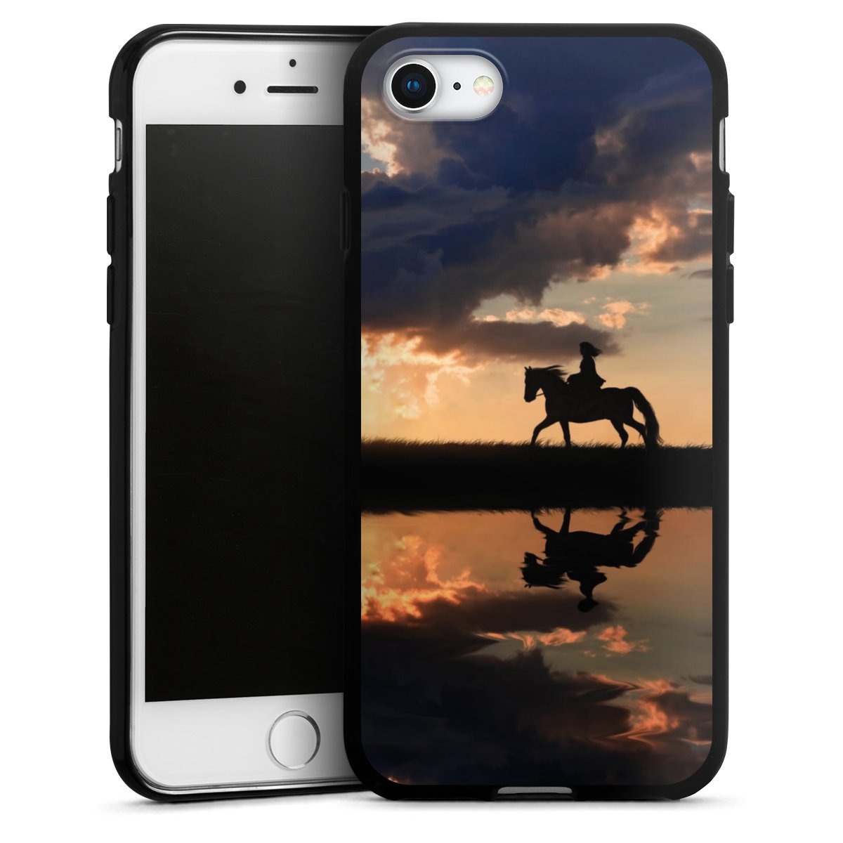 iPhone SE (2022) Handy Silikon Hülle Case schwarz Handyhülle Horse Sunset Horseback Riding