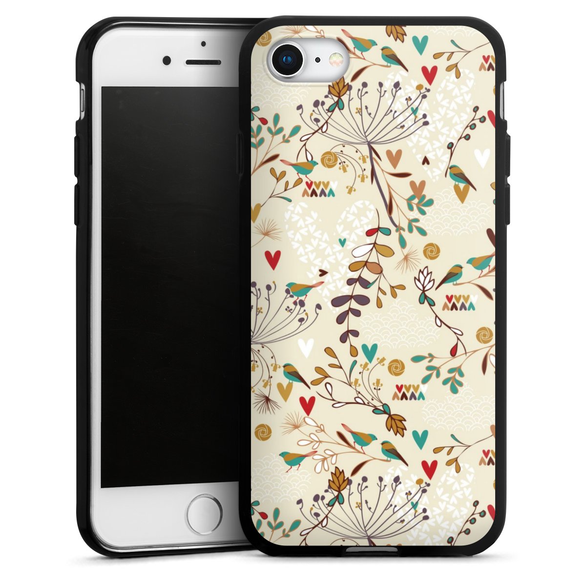 iPhone SE (2020) Handy Silikon Hülle Case schwarz Handyhülle Bird Flowers Retro