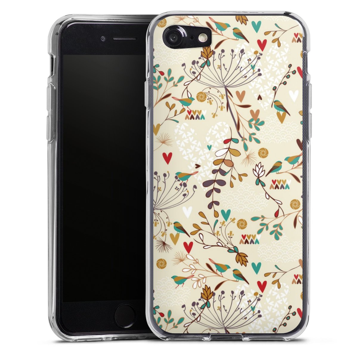 iPhone SE (2020) Handy Silikon Hülle Case transparent Handyhülle Bird Flowers Retro Silikon Case