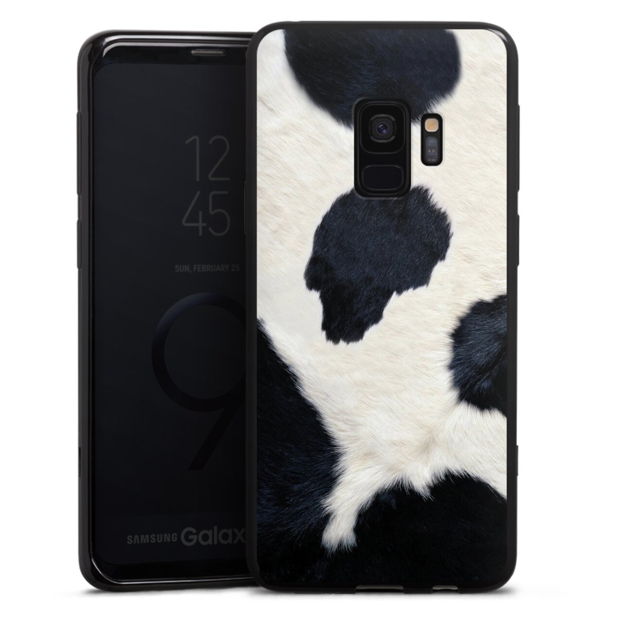 Galaxy S9 Handy Silikon Hülle Case schwarz Handyhülle Animal Look Animal Print Cow Skin