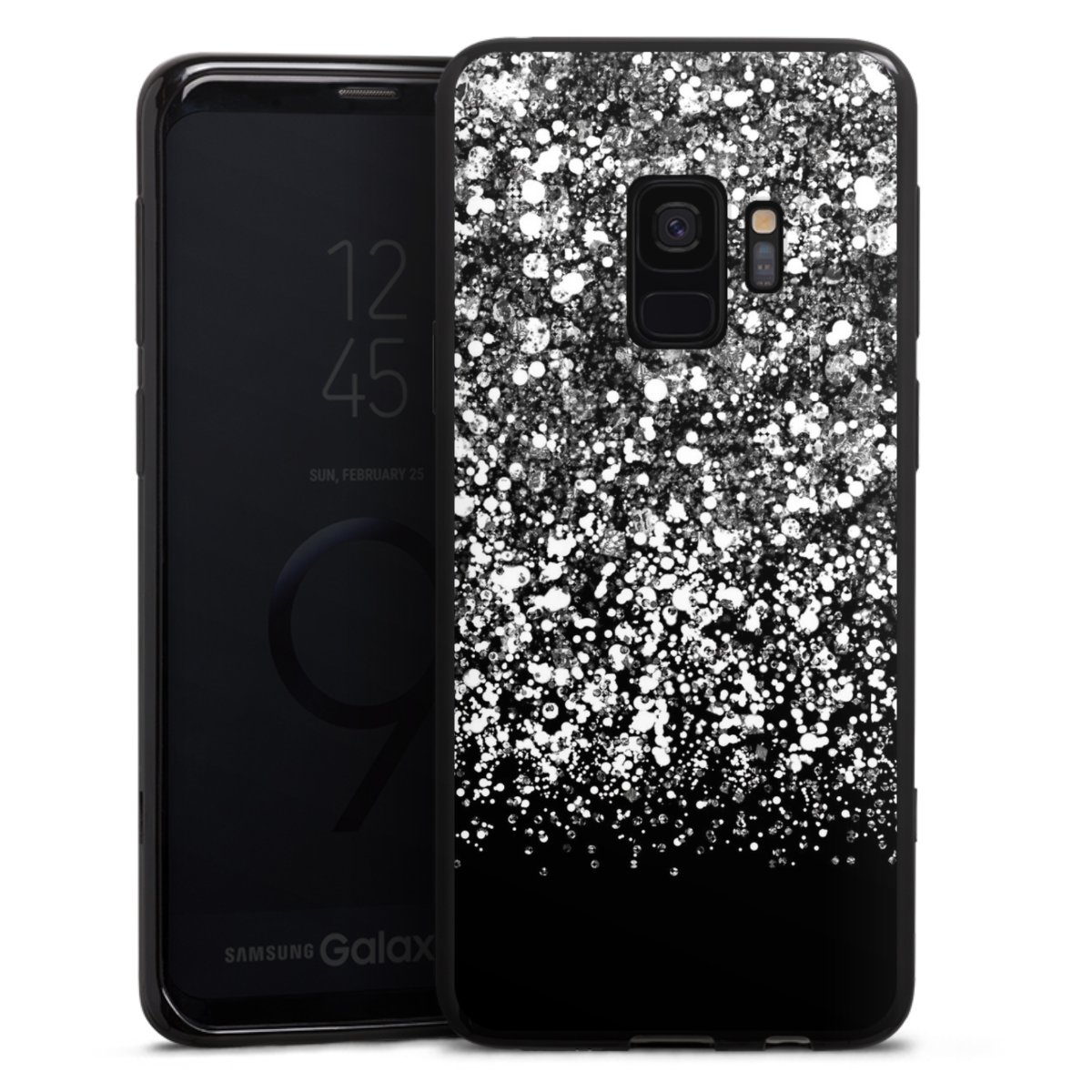 Galaxy S9 Handy Silikon Hülle Case schwarz Handyhülle Glitzer Snowflake Muster