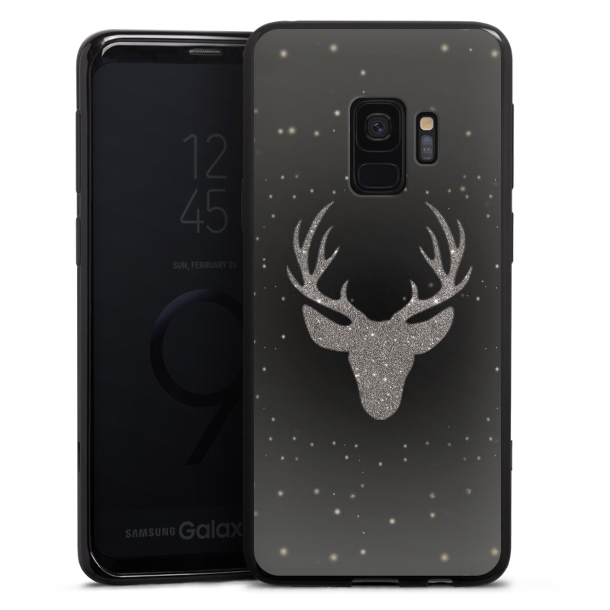 Galaxy S9 Handy Silikon Hülle Case schwarz Handyhülle Winter Deer Glitzer