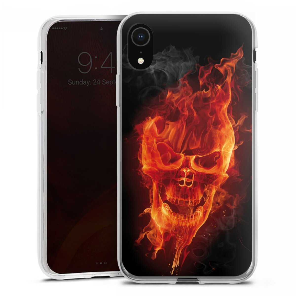 iPhone Xr Handy Silikon Hülle Case transparent Handyhülle Totenkopf Skull Fire Silikon Case