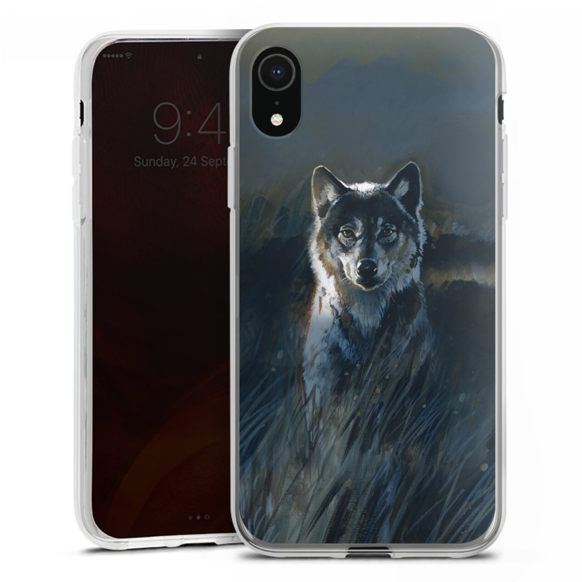 iPhone Xr Handy Silikon Hülle Case transparent Handyhülle Nature Wolf Painting Silikon Case