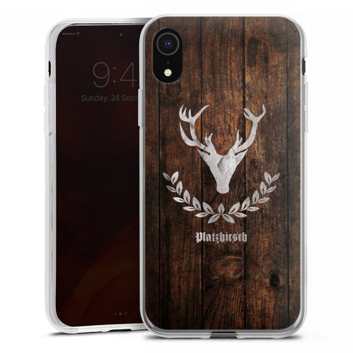 iPhone Xr Handy Silikon Hülle Case transparent Handyhülle Deer Wood Wooden Look Silikon Case