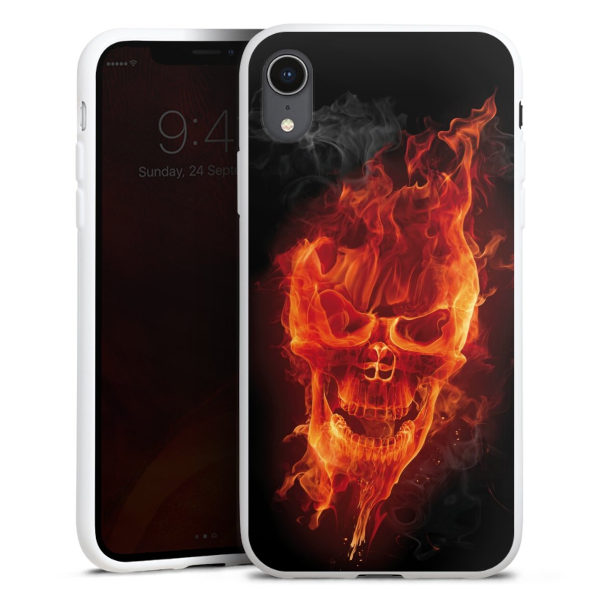 iPhone Xr Handy Silikon Hülle Case weiß Handyhülle Totenkopf Skull Fire Silikon Case