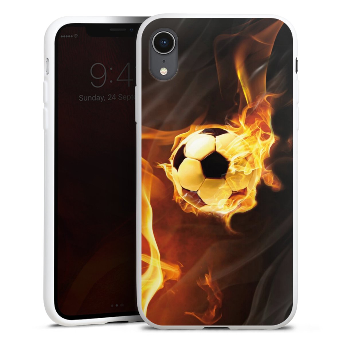 iPhone Xr Handy Silikon Hülle Case weiß Handyhülle Ball Fire Soccer Silikon Case