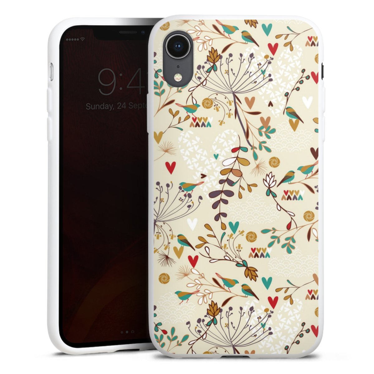 iPhone Xr Handy Silikon Hülle Case weiß Handyhülle Bird Flowers Retro Silikon Case