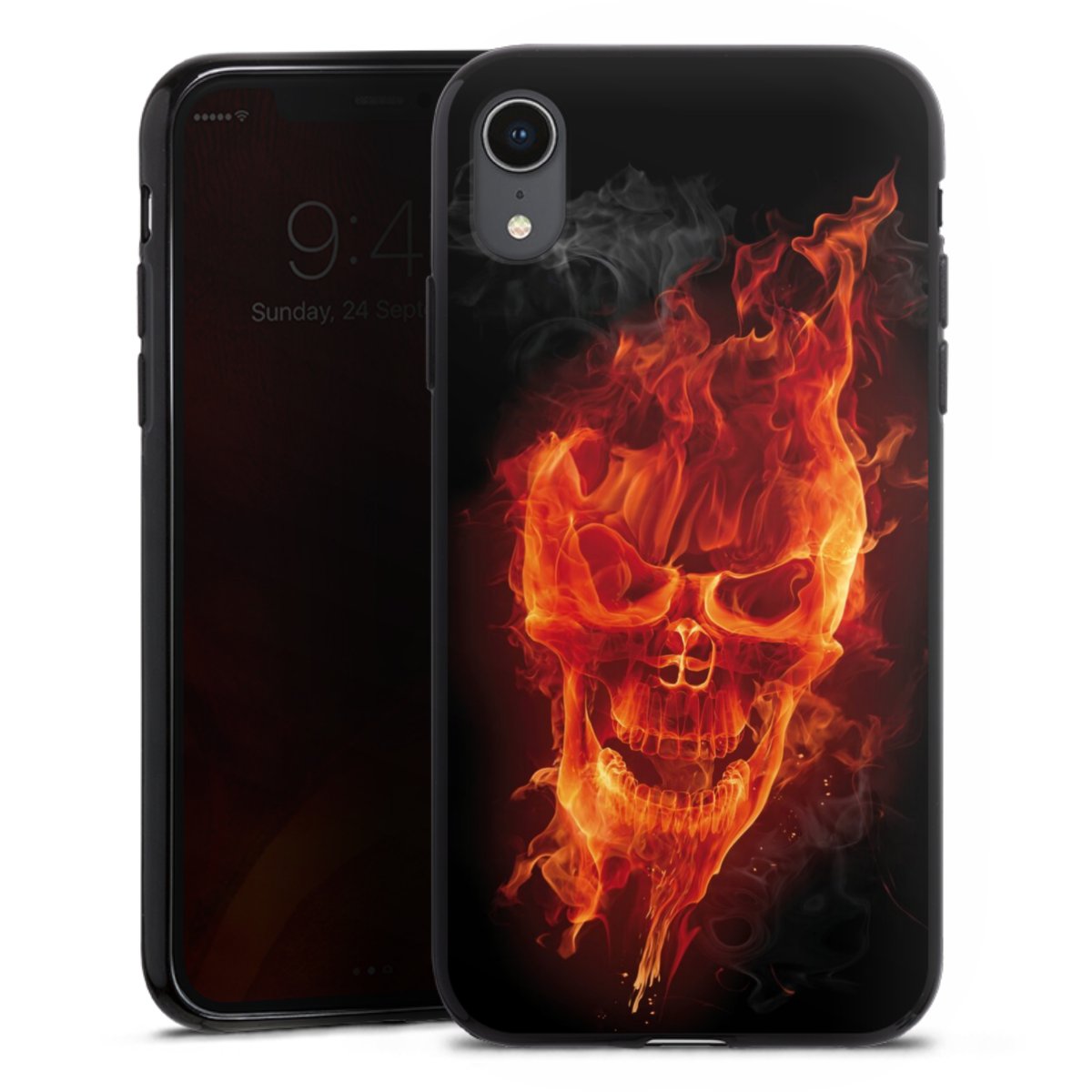 iPhone Xr Handy Silikon Hülle Case schwarz Handyhülle Totenkopf Skull Fire