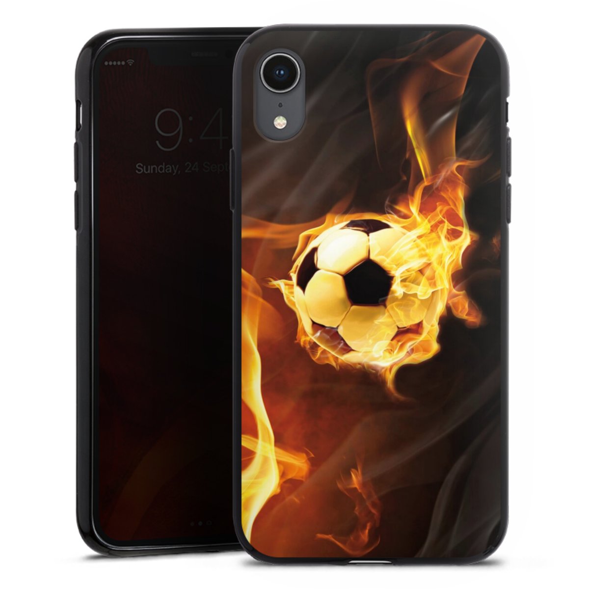 iPhone Xr Handy Silikon Hülle Case schwarz Handyhülle Ball Fire Soccer