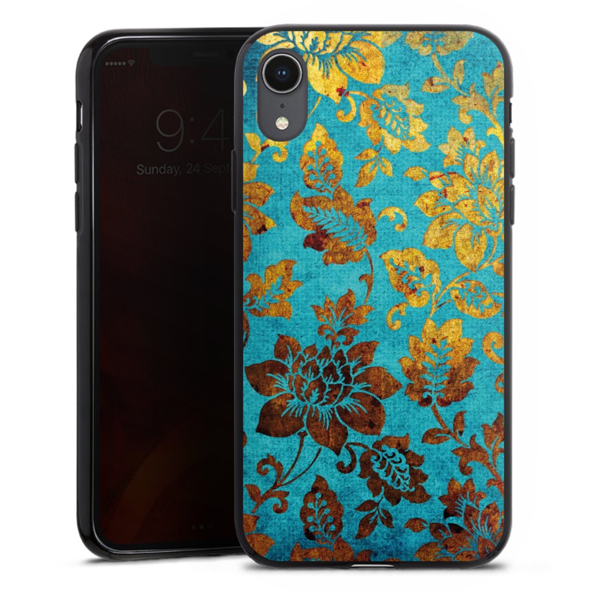 iPhone Xr Handy Silikon Hülle Case schwarz Handyhülle Ornament Vintage Flowers