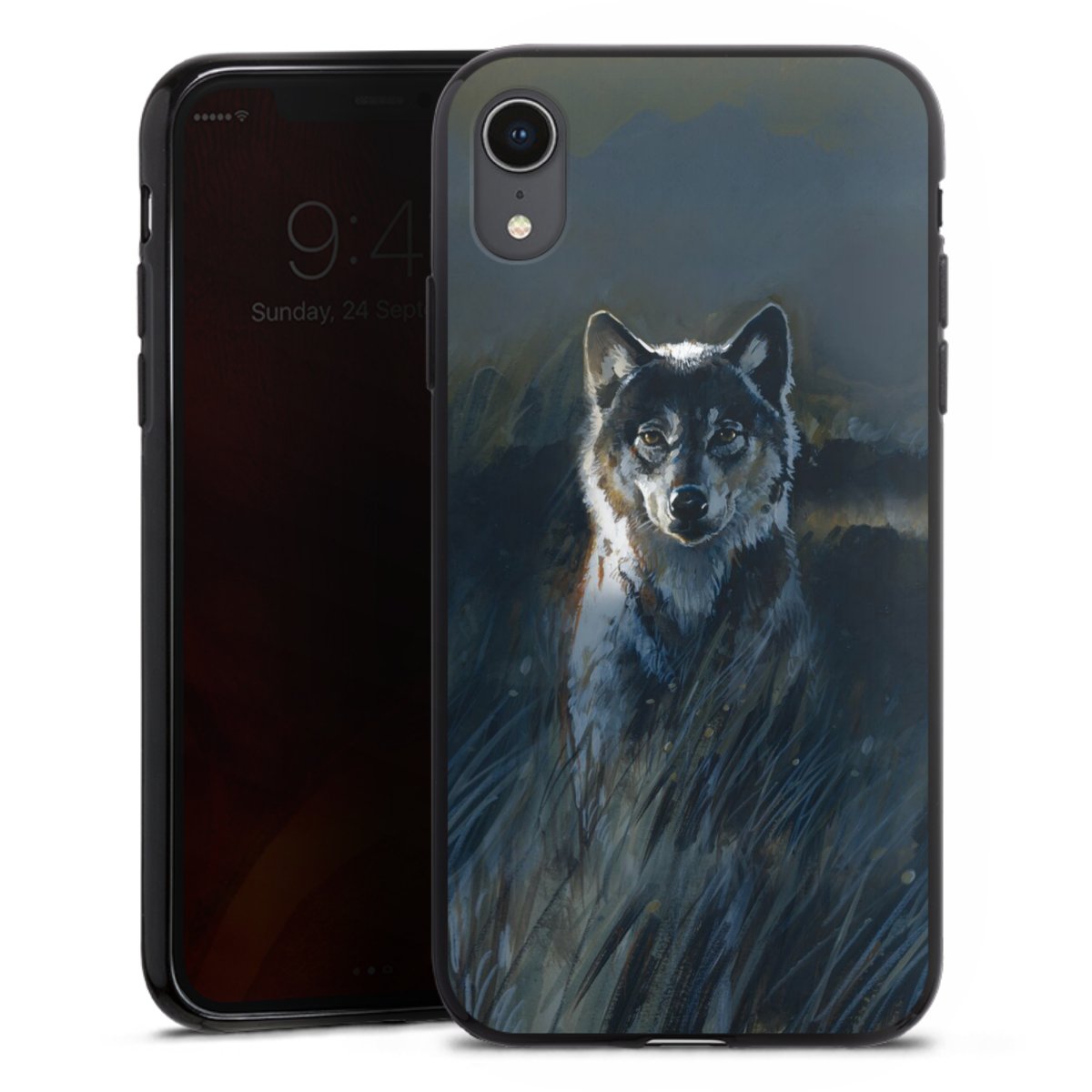 iPhone Xr Handy Silikon Hülle Case schwarz Handyhülle Nature Wolf Painting