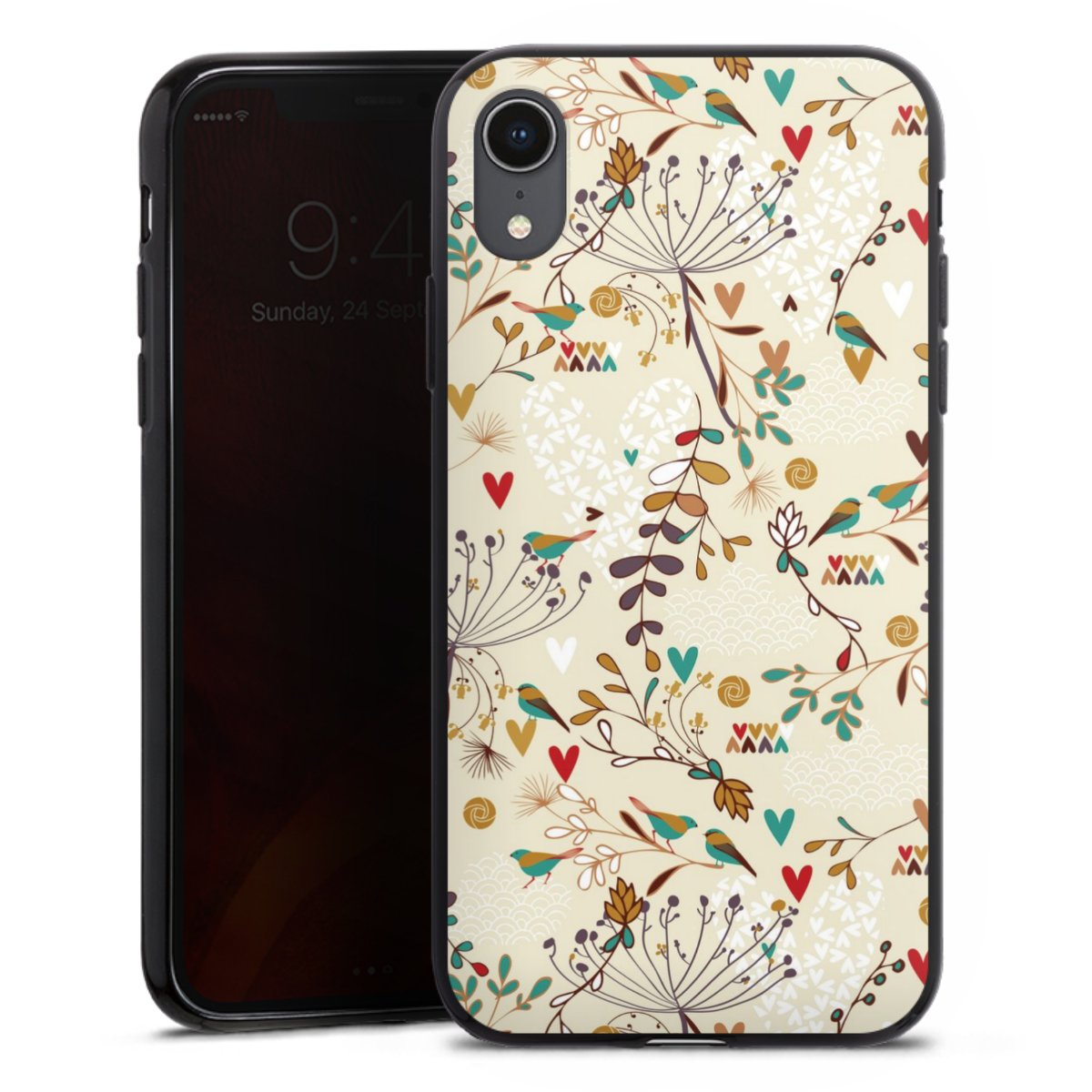 iPhone Xr Handy Silikon Hülle Case schwarz Handyhülle Bird Flowers Retro