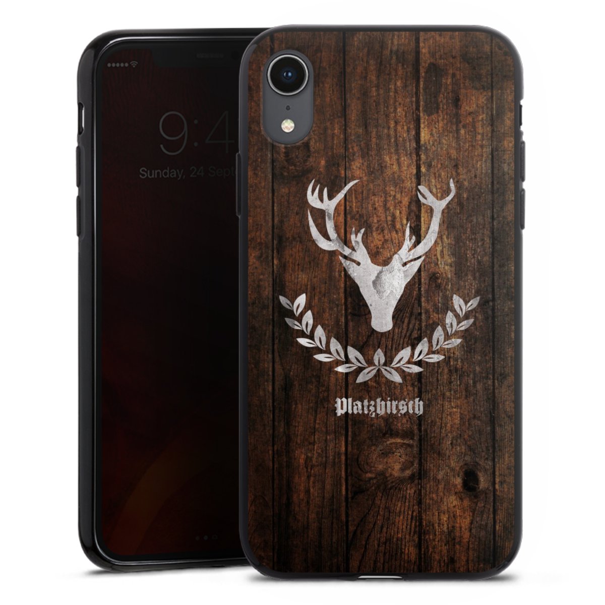 iPhone Xr Handy Silikon Hülle Case schwarz Handyhülle Deer Wood Wooden Look