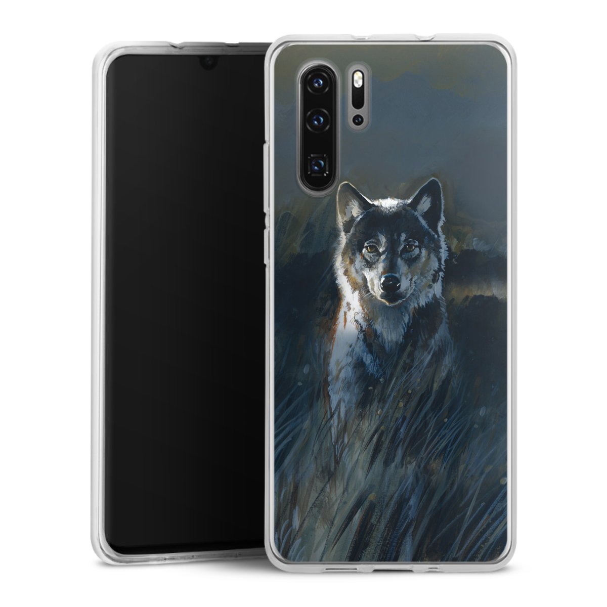 Huawei P30 Pro Handy Silikon Hülle Case transparent Handyhülle Nature Wolf Painting Silikon Case