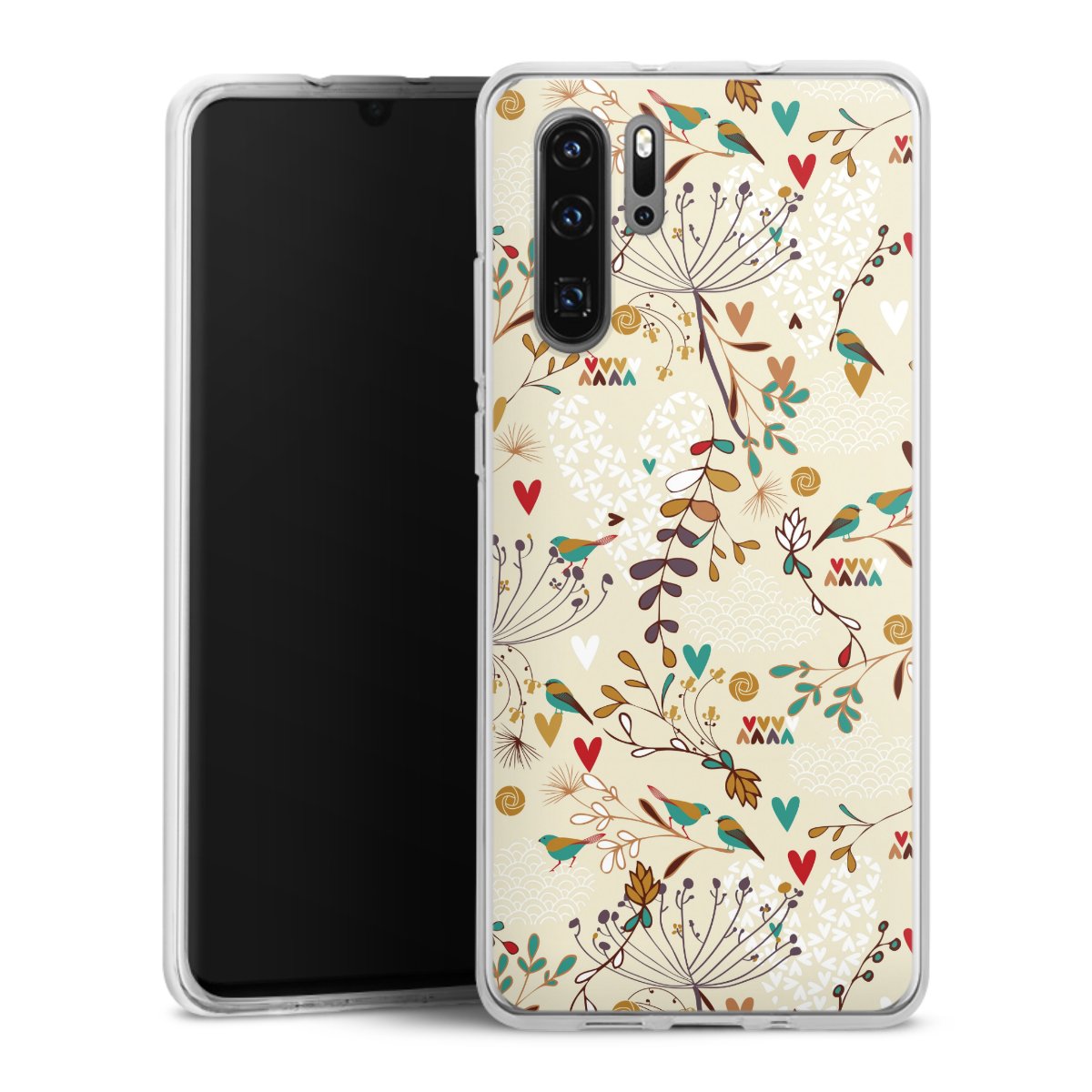 Huawei P30 Pro Handy Silikon Hülle Case transparent Handyhülle Bird Flowers Retro Silikon Case