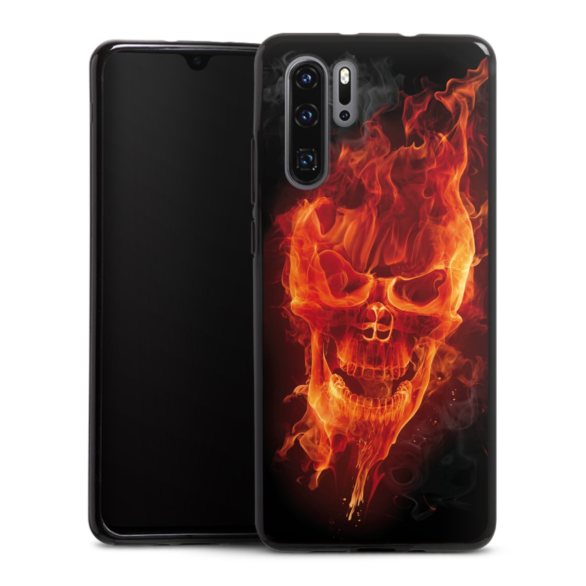 Huawei P30 Pro Handy Silikon Hülle Case schwarz Handyhülle Totenkopf Skull Fire