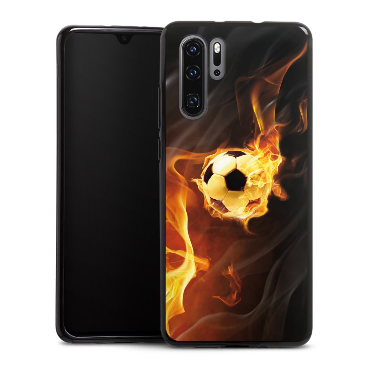 Huawei P30 Pro Handy Silikon Hülle Case schwarz Handyhülle Ball Fire Soccer