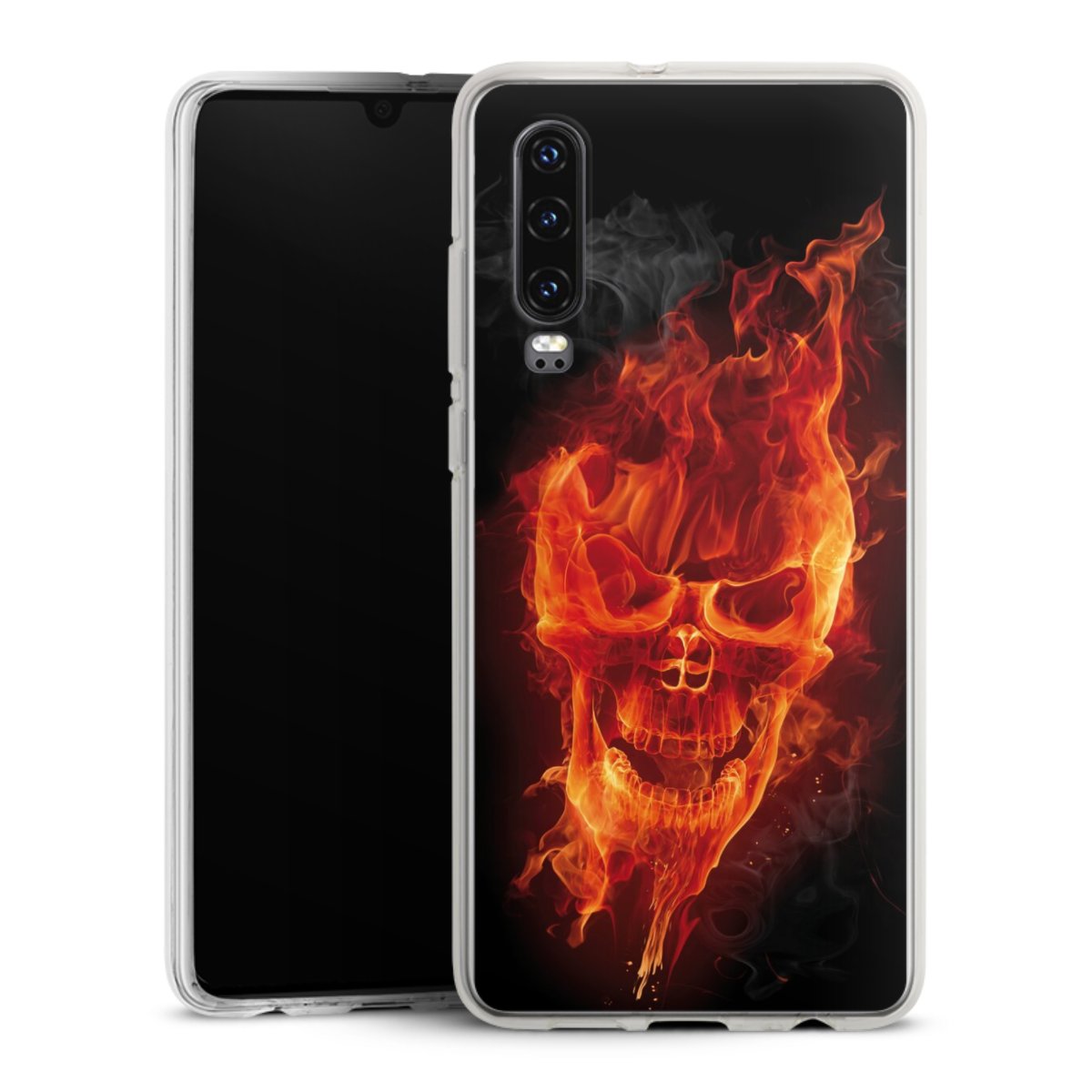 Huawei P30 Handy Silikon Hülle Case transparent Handyhülle Totenkopf Skull Fire Silikon Case