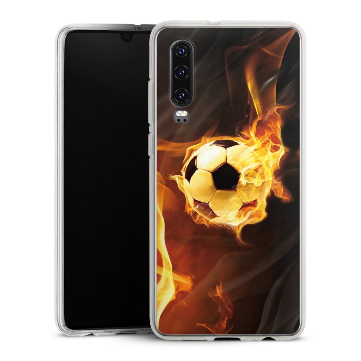 Huawei P30 Handy Silikon Hülle Case transparent Handyhülle Ball Fire Soccer Silikon Case