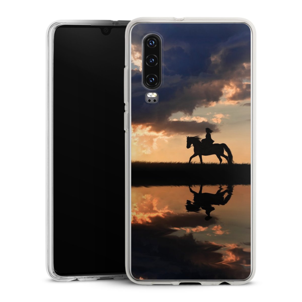 Huawei P30 Handy Silikon Hülle Case transparent Handyhülle Horse Sunset Horseback Riding Silikon Case