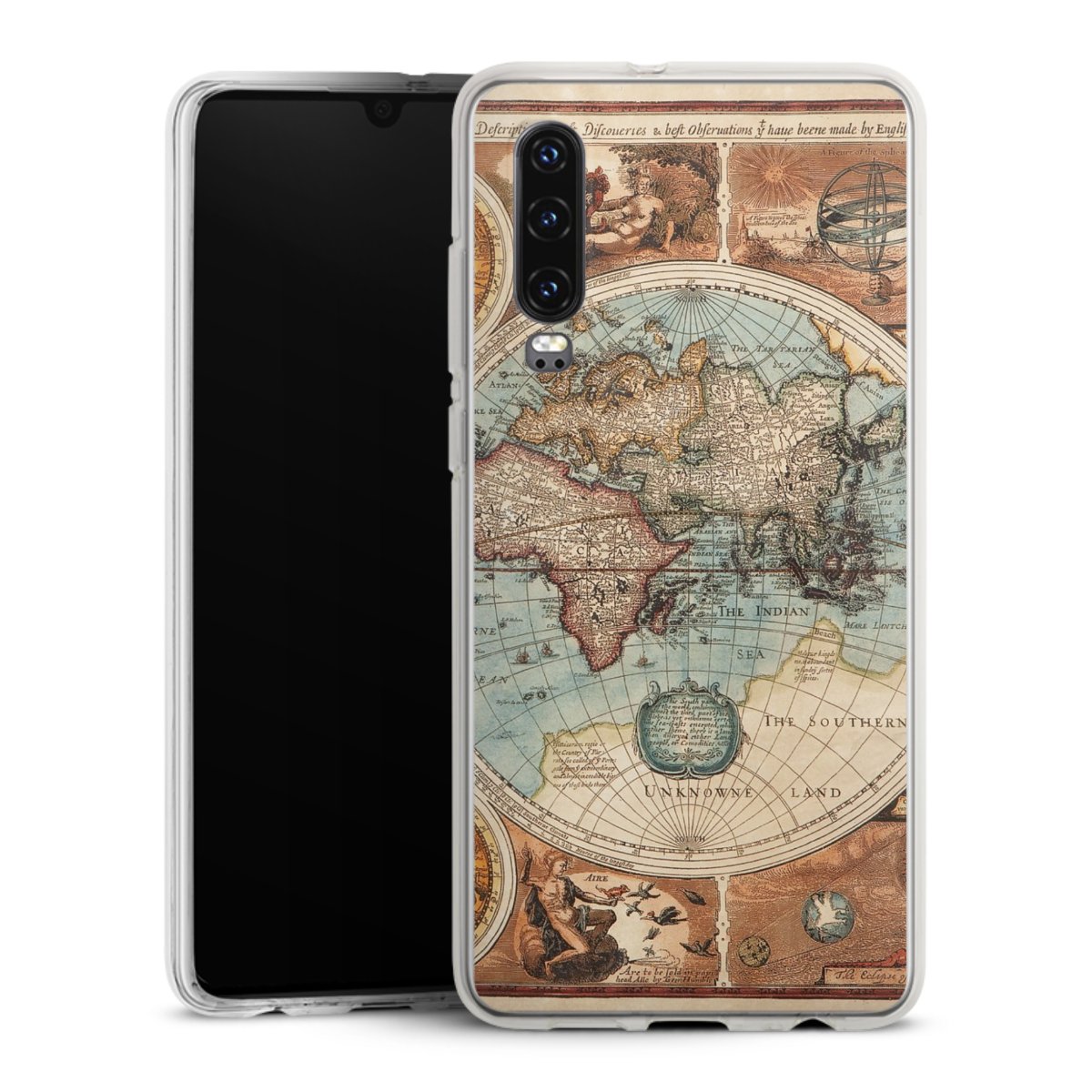 Huawei P30 Handy Silikon Hülle Case transparent Handyhülle World Map Vintage Map Silikon Case