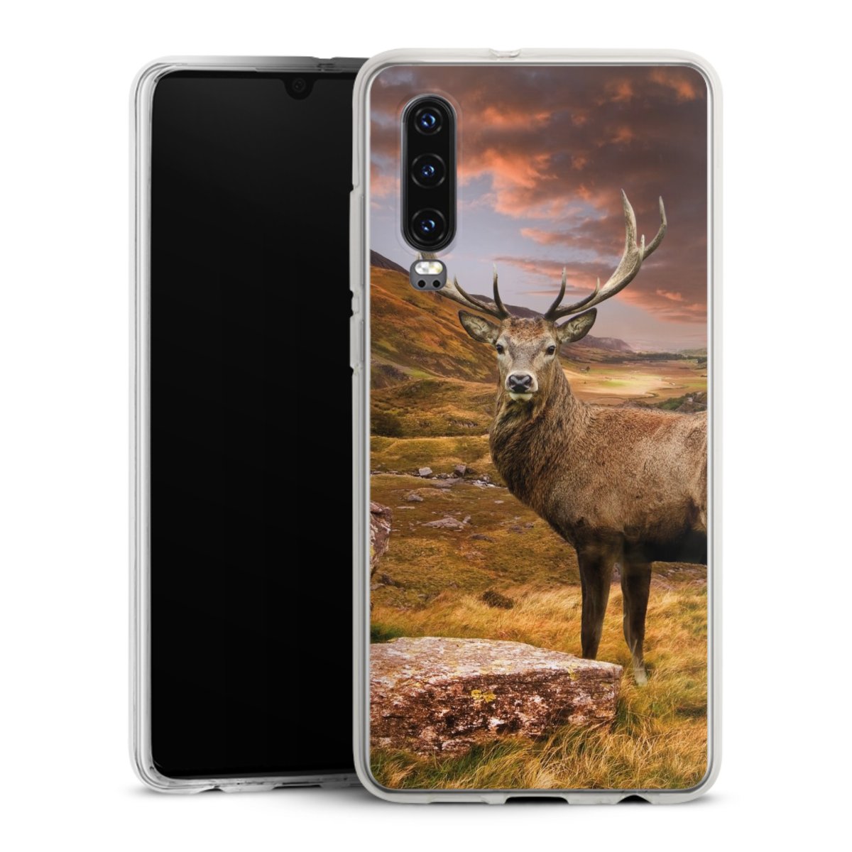 Huawei P30 Handy Silikon Hülle Case transparent Handyhülle Meadow Mountain Deer Silikon Case