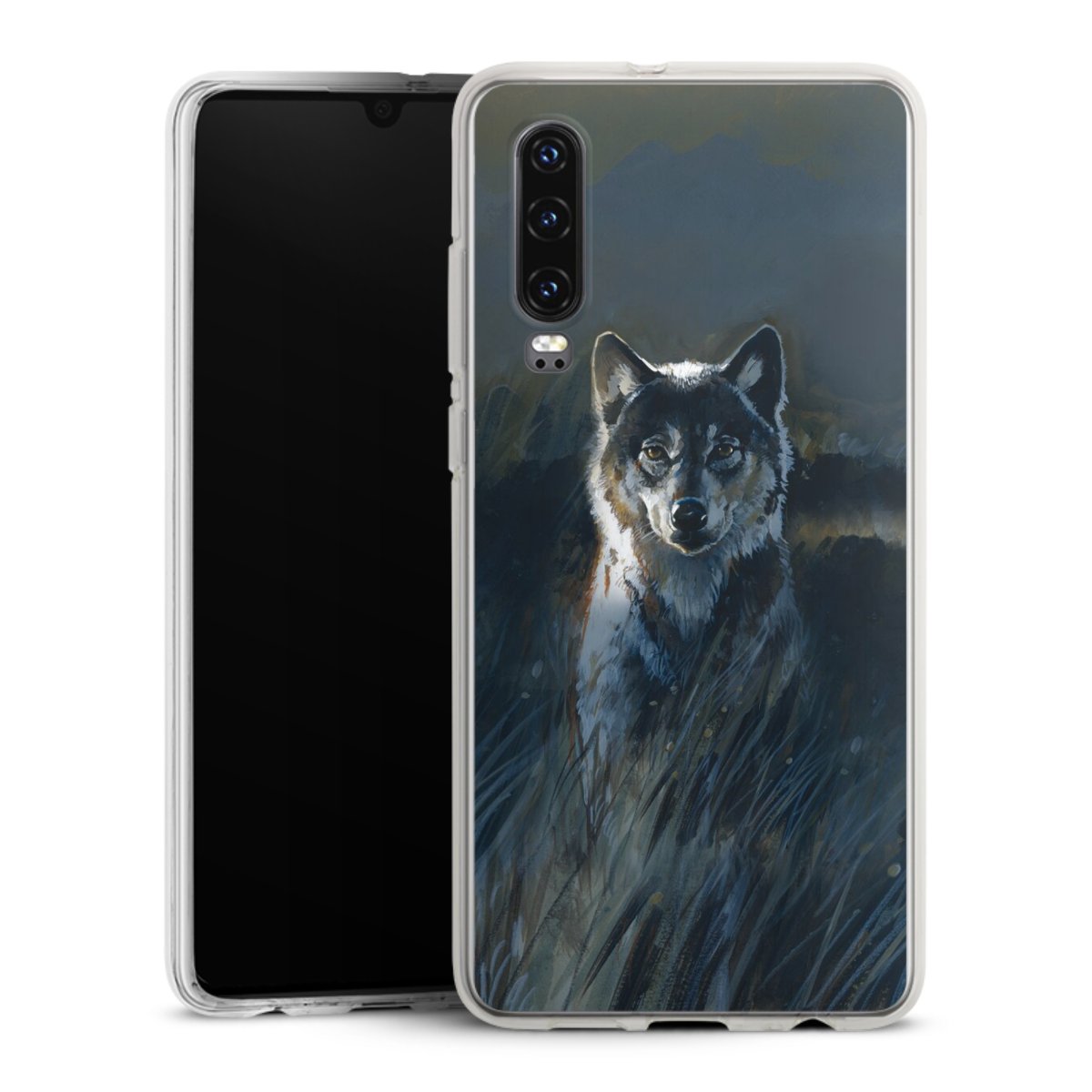 Huawei P30 Handy Silikon Hülle Case transparent Handyhülle Nature Wolf Painting Silikon Case