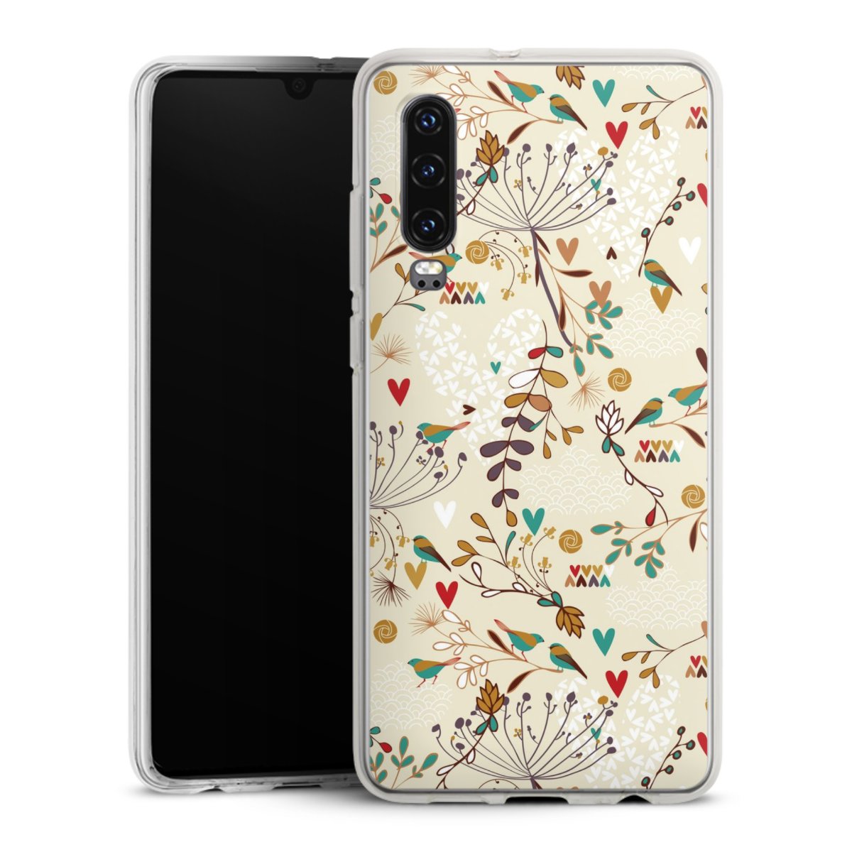 Huawei P30 Handy Silikon Hülle Case transparent Handyhülle Bird Flowers Retro Silikon Case