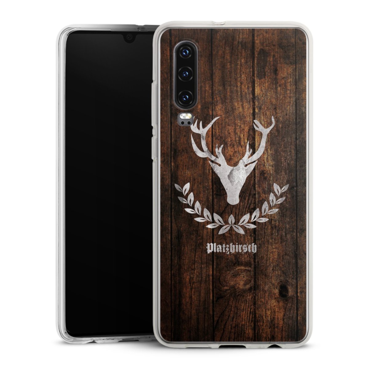 Huawei P30 Handy Silikon Hülle Case transparent Handyhülle Deer Wood Wooden Look Silikon Case