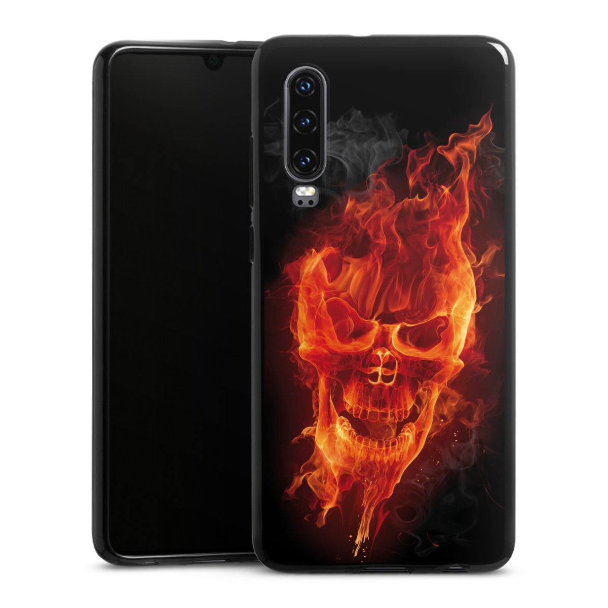 Huawei P30 Handy Silikon Hülle Case schwarz Handyhülle Totenkopf Skull Fire