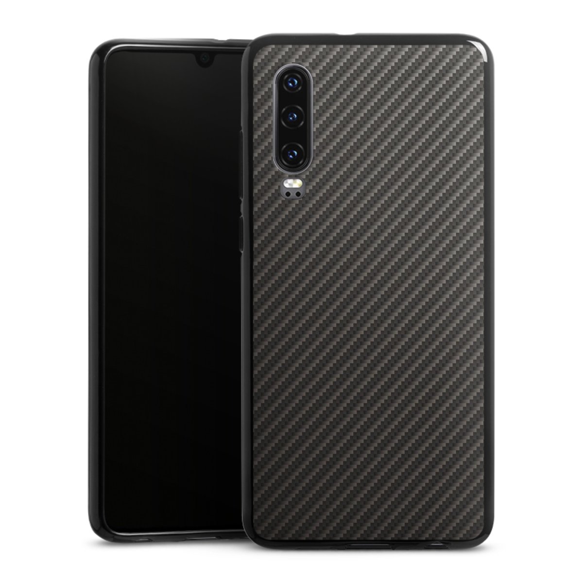 Huawei P30 Handy Silikon Hülle Case schwarz Handyhülle Metallic Look Carbon Muster