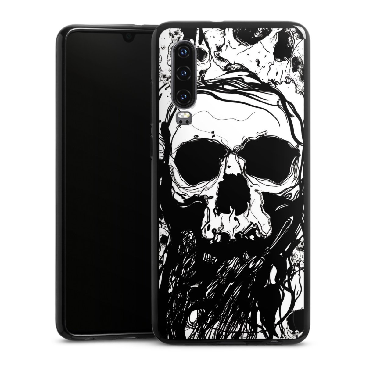 Huawei P30 Handy Silikon Hülle Case schwarz Handyhülle Totenkopf Halloween