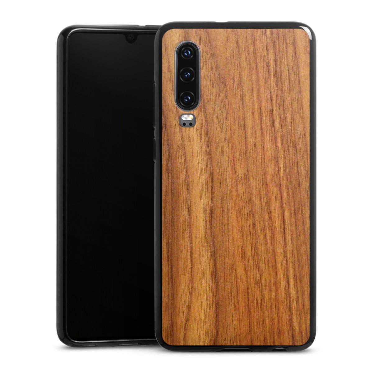 Huawei P30 Handy Silikon Hülle Case schwarz Handyhülle Wood Larch Wooden Look