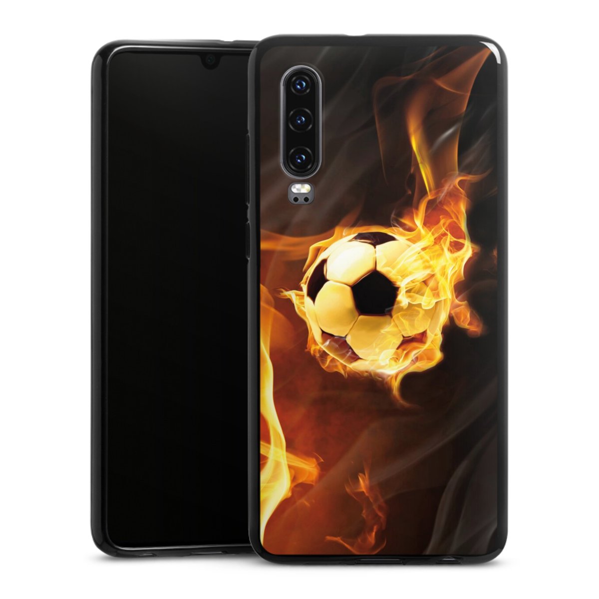 Huawei P30 Handy Silikon Hülle Case schwarz Handyhülle Ball Fire Soccer