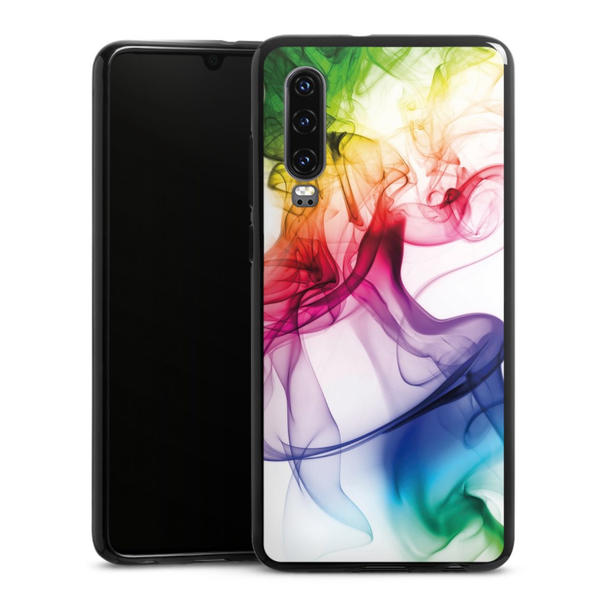 Huawei P30 Handy Silikon Hülle Case schwarz Handyhülle Water Colour Rainbow