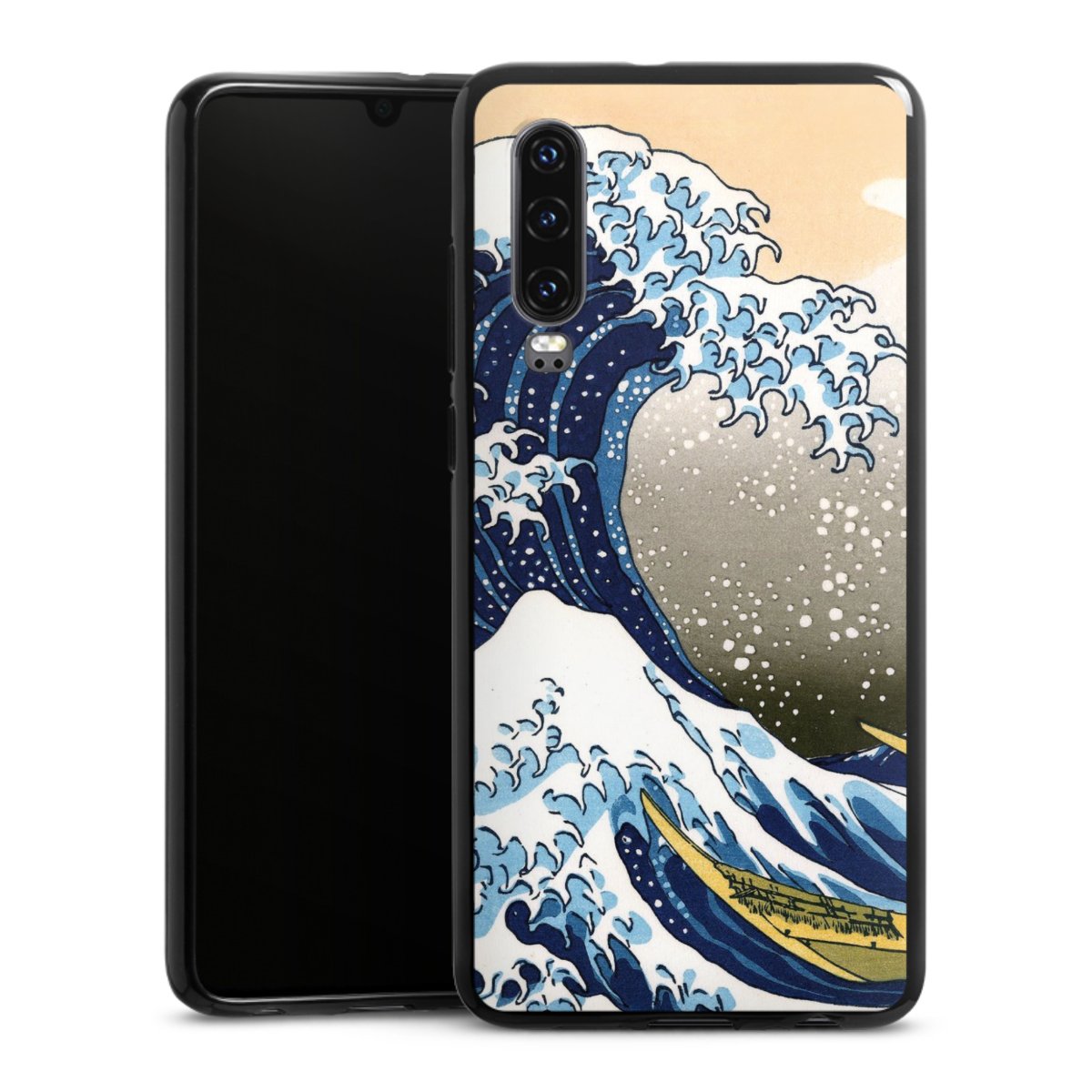 Huawei P30 Handy Silikon Hülle Case schwarz Handyhülle Kunst Katsushika Hokusai Die Große Welle Vor Kanagawa