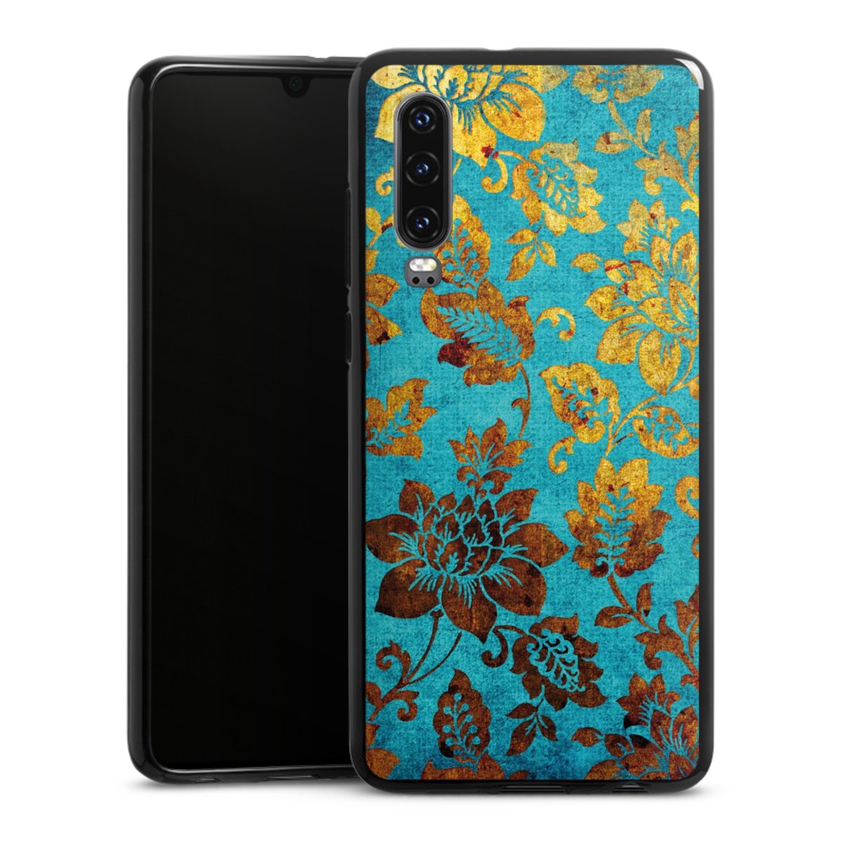 Huawei P30 Handy Silikon Hülle Case schwarz Handyhülle Ornament Vintage Flowers