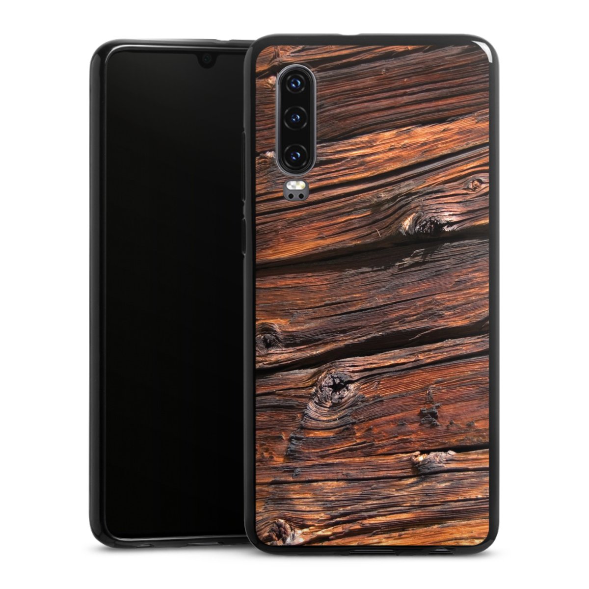 Huawei P30 Handy Silikon Hülle Case schwarz Handyhülle Beams Wooden Look Wood