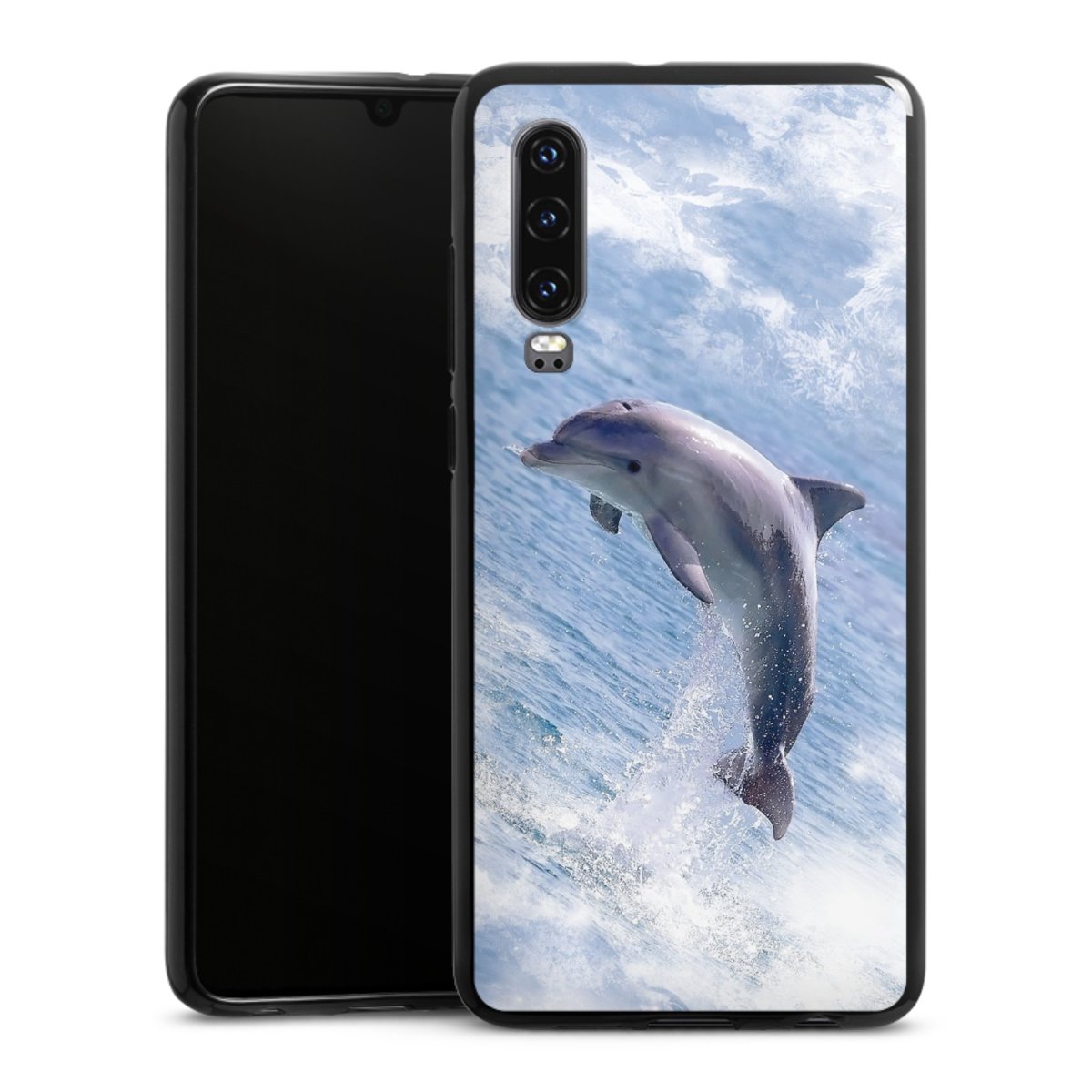 Huawei P30 Handy Silikon Hülle Case schwarz Handyhülle Dolphin Ocean Wale