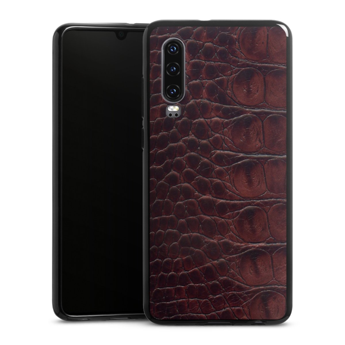 Huawei P30 Handy Silikon Hülle Case schwarz Handyhülle Crocodile Animal Print Leather