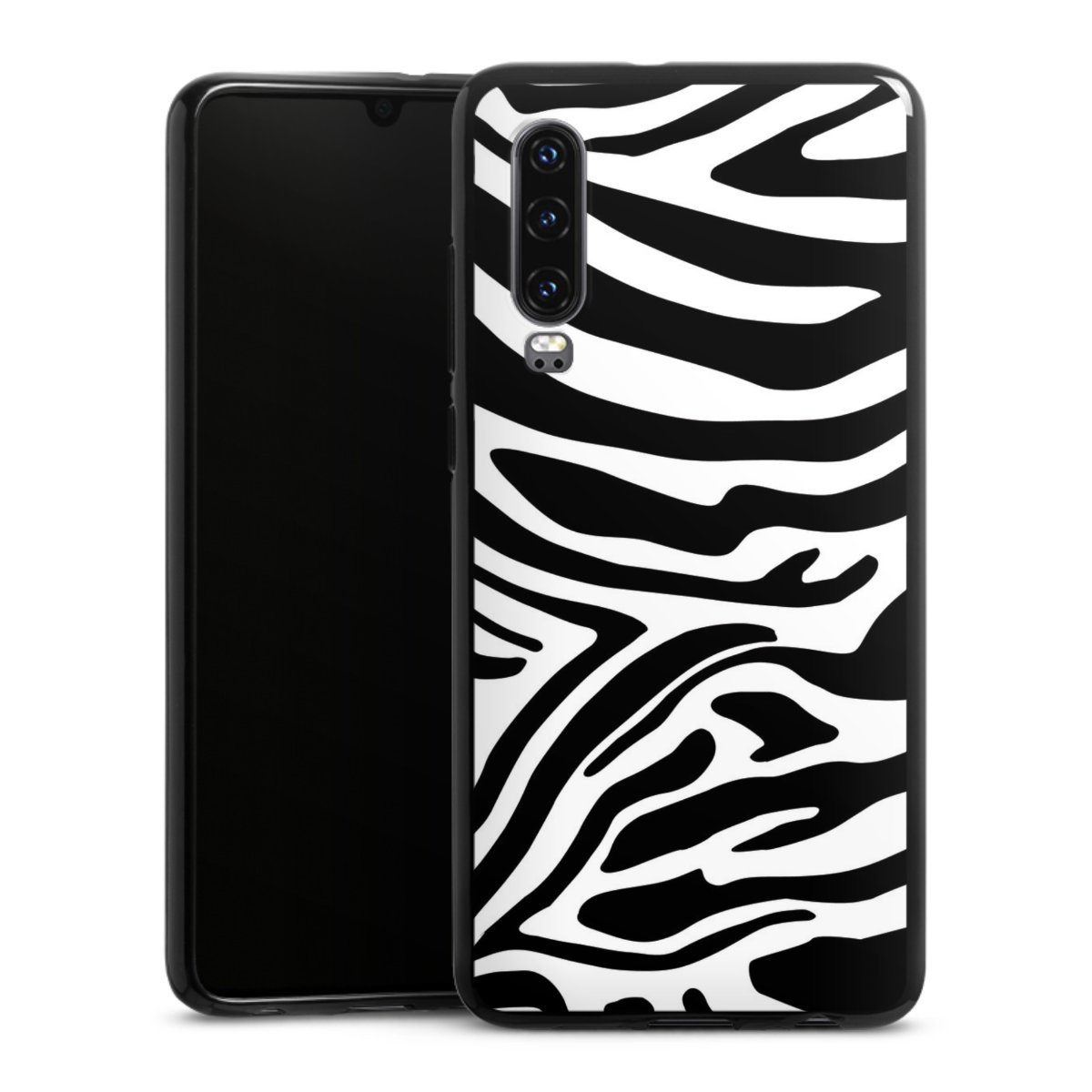 Huawei P30 Handy Silikon Hülle Case schwarz Handyhülle Zebra Animal Look Animal Print