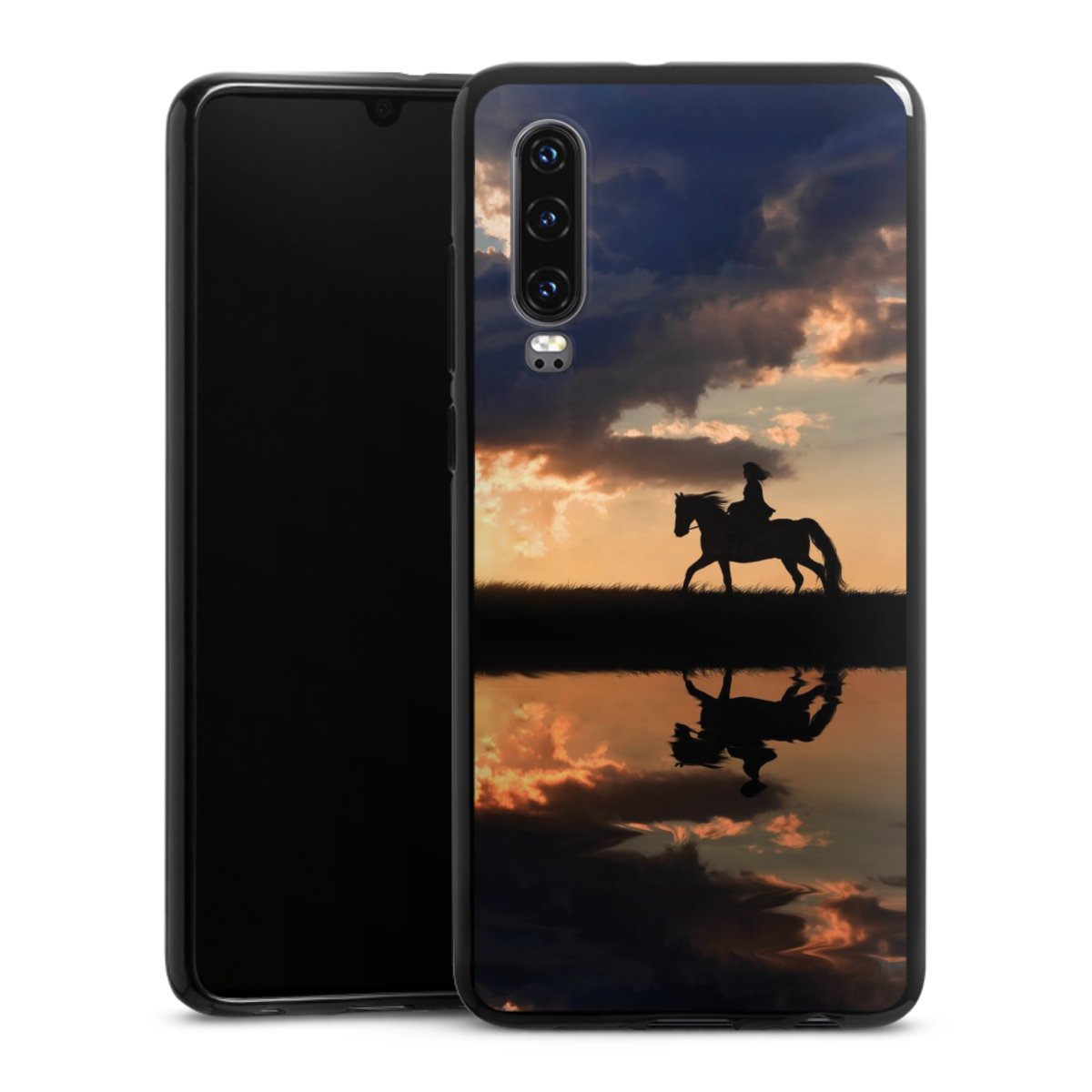 Huawei P30 Handy Silikon Hülle Case schwarz Handyhülle Horse Sunset Horseback Riding