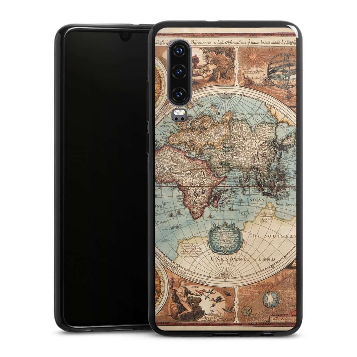 Huawei P30 Handy Silikon Hülle Case schwarz Handyhülle World Map Vintage Map