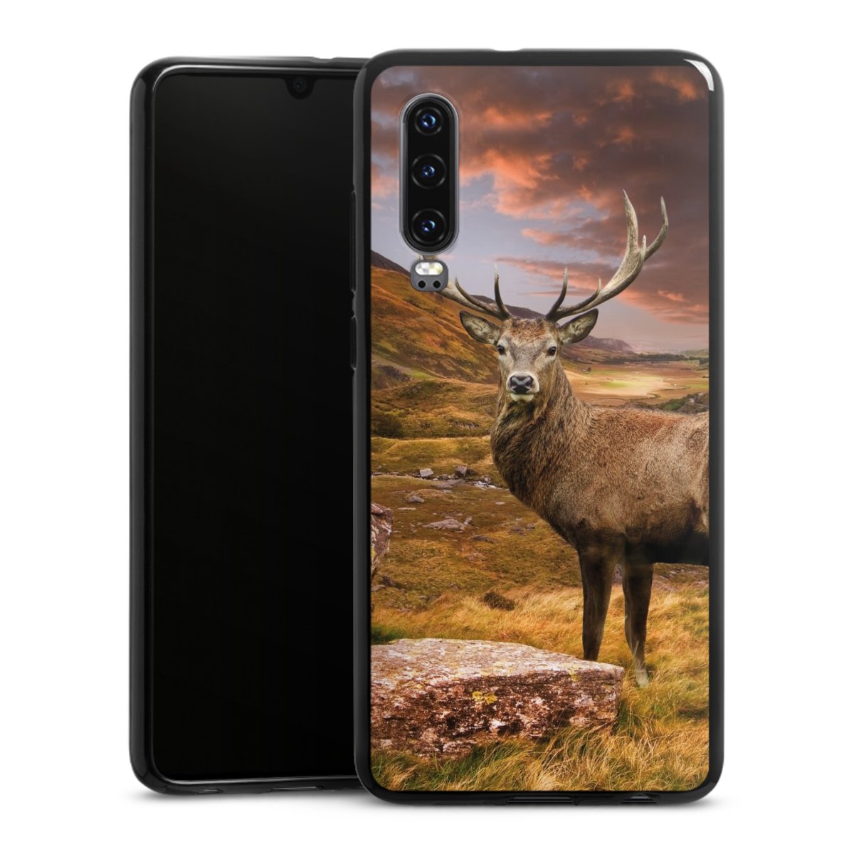 Huawei P30 Handy Silikon Hülle Case schwarz Handyhülle Meadow Mountain Deer