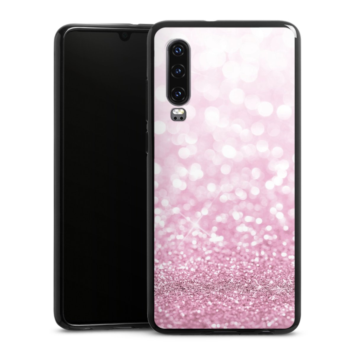 Huawei P30 Handy Silikon Hülle Case schwarz Handyhülle Glitzer Pink Shine