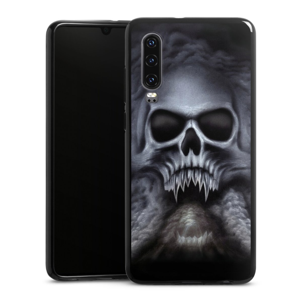 Huawei P30 Handy Silikon Hülle Case schwarz Handyhülle Totenkopf Skull