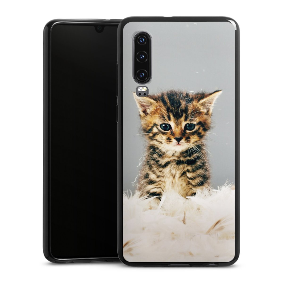 Huawei P30 Handy Silikon Hülle Case schwarz Handyhülle Cat Feather Pet