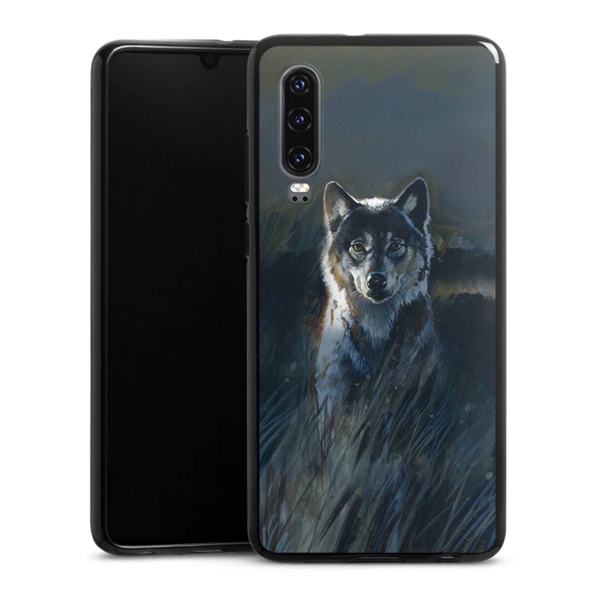 Huawei P30 Handy Silikon Hülle Case schwarz Handyhülle Nature Wolf Painting